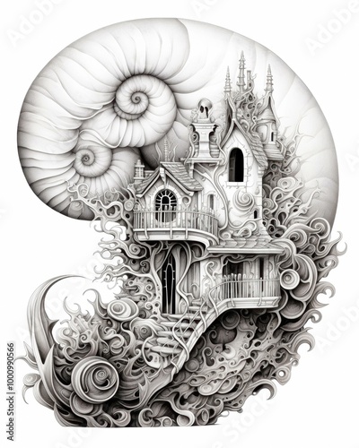 Detailed monochrome illustration of a whimsical house spiraling into an intricate shell, ideal for fantasy-themed art, architectural creativity, or surrealism concepts, photo