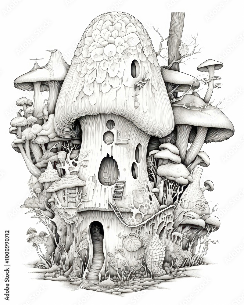 Detailed pencil drawing of an imaginative, whimsical mushroom house ...