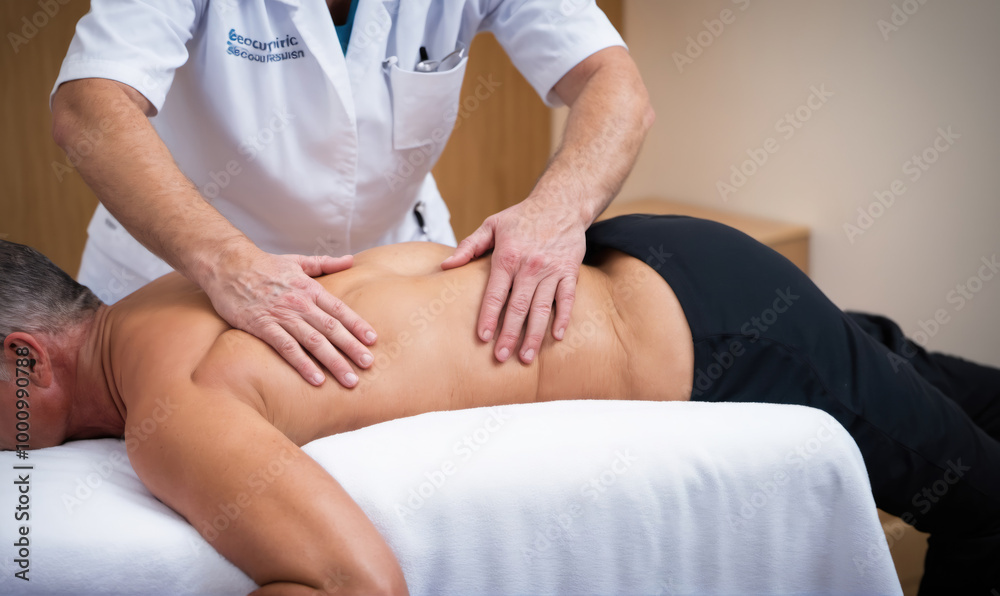 A man receives a back massage from a therapist in a medical office A man receives a back massage from a therapist in a medical office
