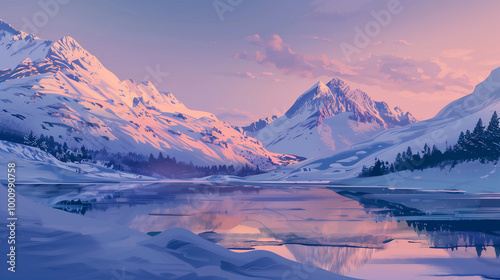 A serene mountain range blanketed in fresh snow, with a frozen lake reflecting the soft hues of the winter sky at dusk.