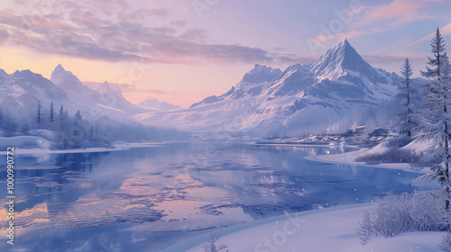 A serene mountain range blanketed in fresh snow, with a frozen lake reflecting the soft hues of the winter sky at dusk.