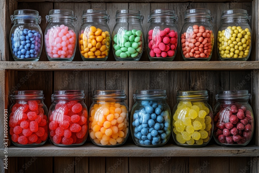 Vibrant Collection of Candies in Transparent Jars on a Rustic Shelf Vibrant Collection of Candies in Transparent Jars on a Rustic Shelf