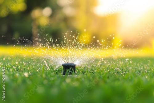 Automatic Sprinkler System Watering Lawn in Motion Blur photo