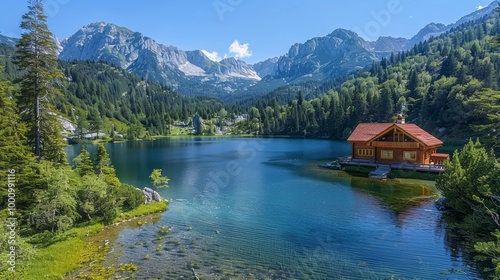 Mountain lake with forest reflection and scenic peaks 