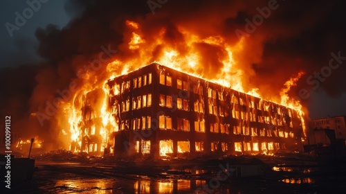 Obscured View of a Building Under Siege by Fire