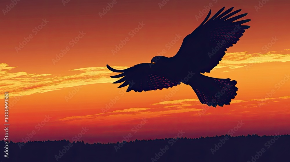 Obraz premium Silhouette of a falcon swooping down on its prey at sunset, with ample space for copy.