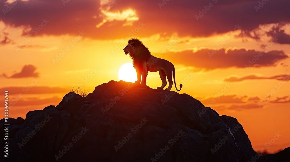 Silhouette of a lion standing on a rocky outcrop with a sunset in the background, with room for copy in the sky. Silhouette of a lion standing on a rocky outcrop with a sunset in the background, with room for copy in the sky.