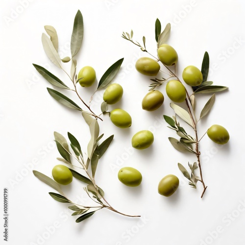 olives and twigs on white background