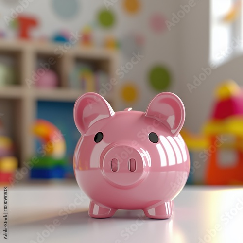 Shiny pink piggy bank placed in a vibrantly decorated playroom, symbolizing childhood savings and the joy of learning about money.