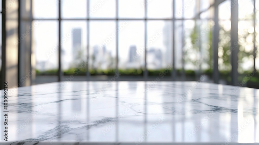 Bright Interior with Marble Table and City View Bright Interior with Marble Table and City View