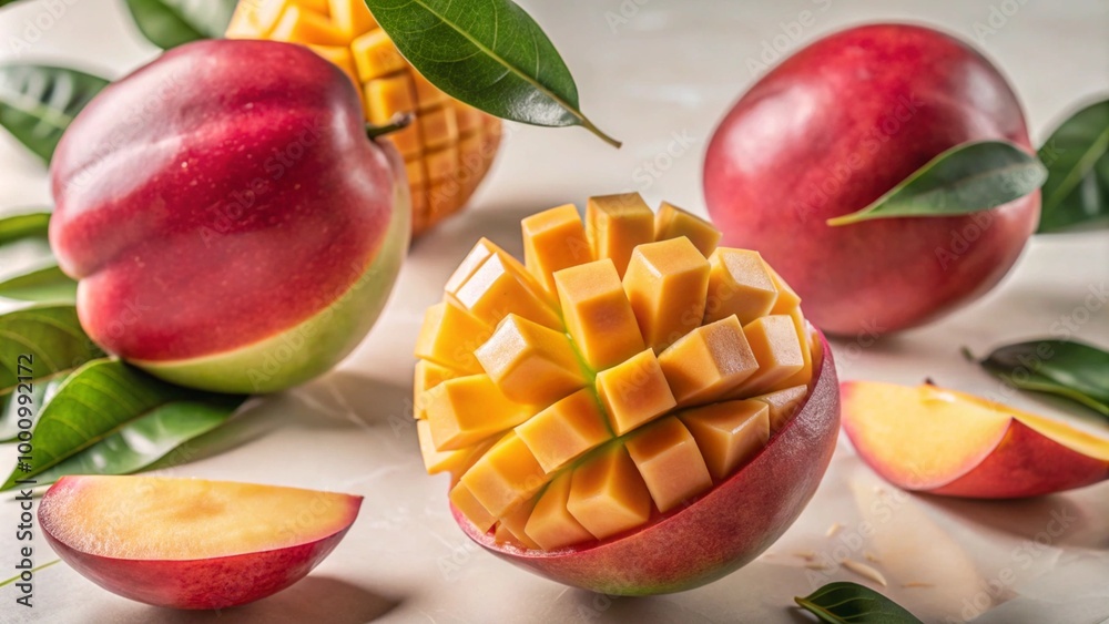 Mango with half slices falling or floating in the air with green leaves isolated on background, Fresh organic fruit with high vitamins and minerals.