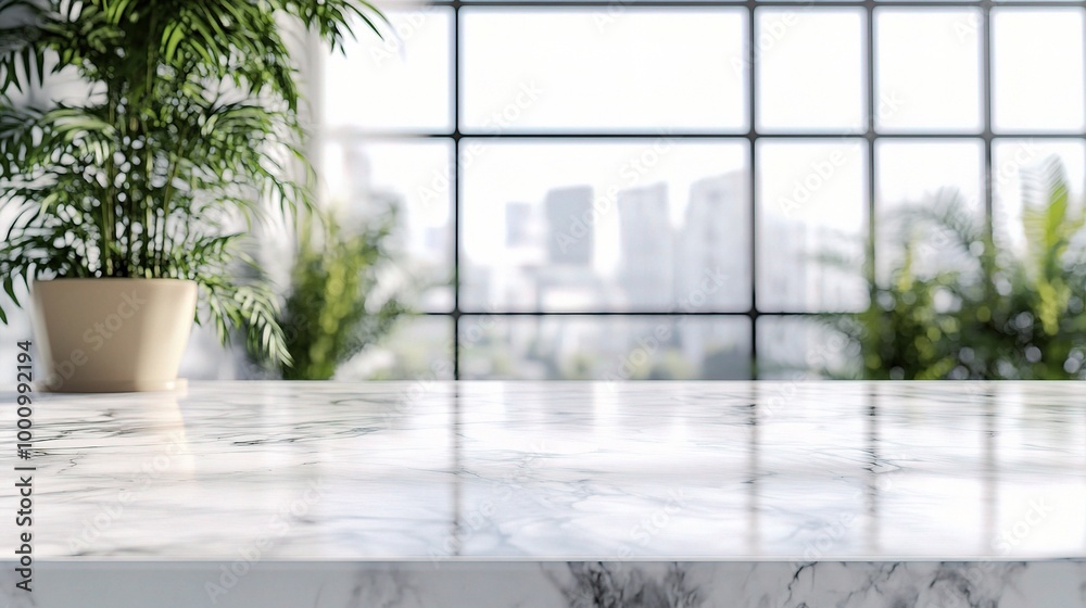 Elegant Marble Table with Urban View and Greenery Elegant Marble Table with Urban View and Greenery