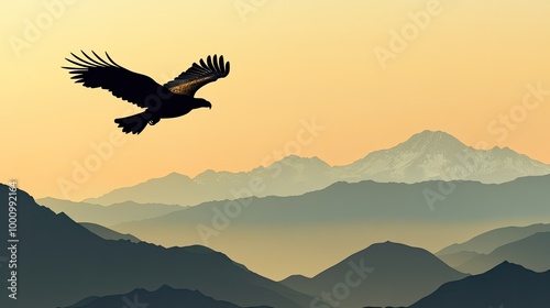 Silhouette of an eagle soaring over a mountain range with space for text in the clear sky