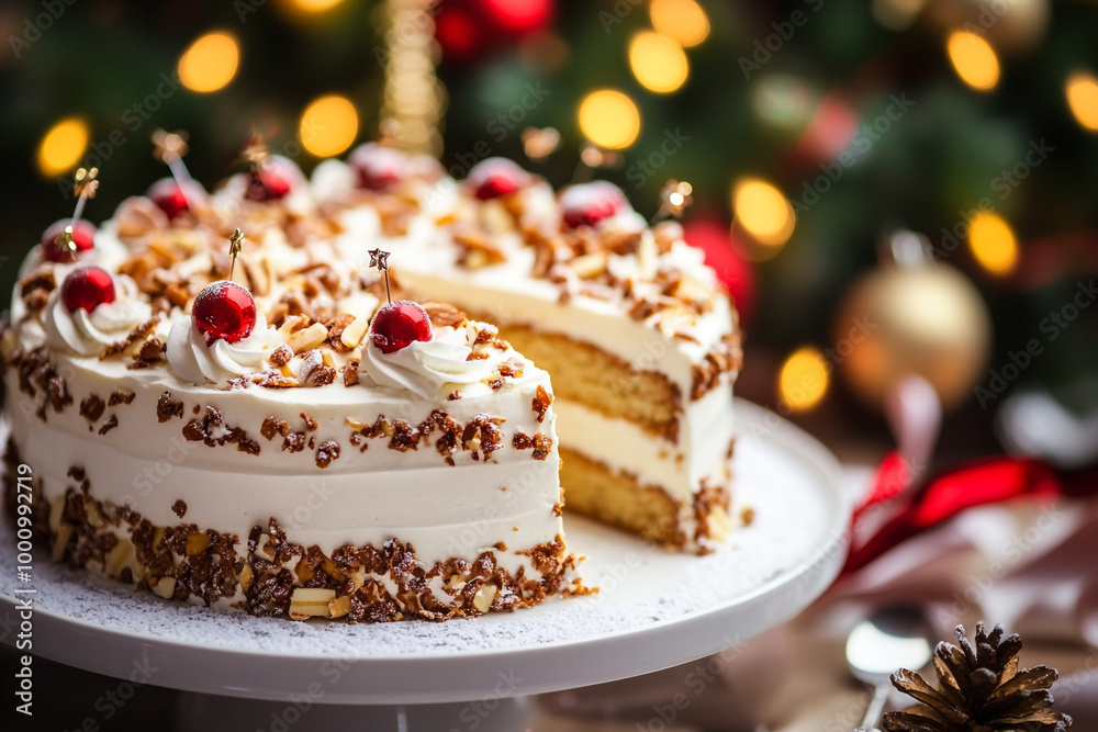 White Christmas cake with chocolate and nuts on Christmas bokeh light background. Christmas cake with cut slice side. White Christmas cake with chocolate and nuts on Christmas bokeh light background. Christmas cake with cut slice side.