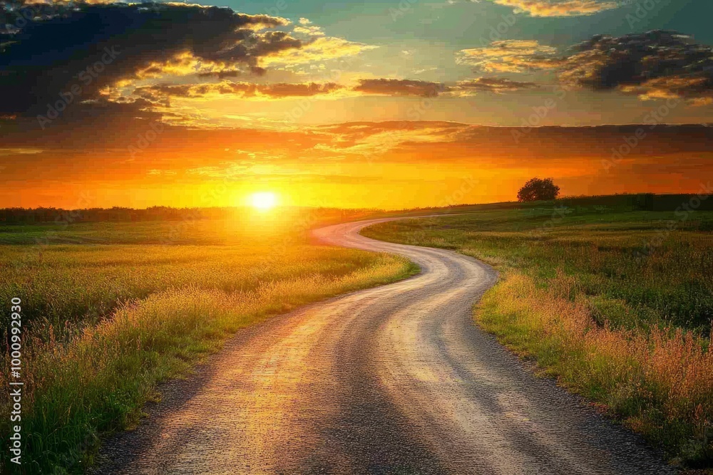 Winding Road with a Beautiful Sunset in the Background Winding Road with a Beautiful Sunset in the Background