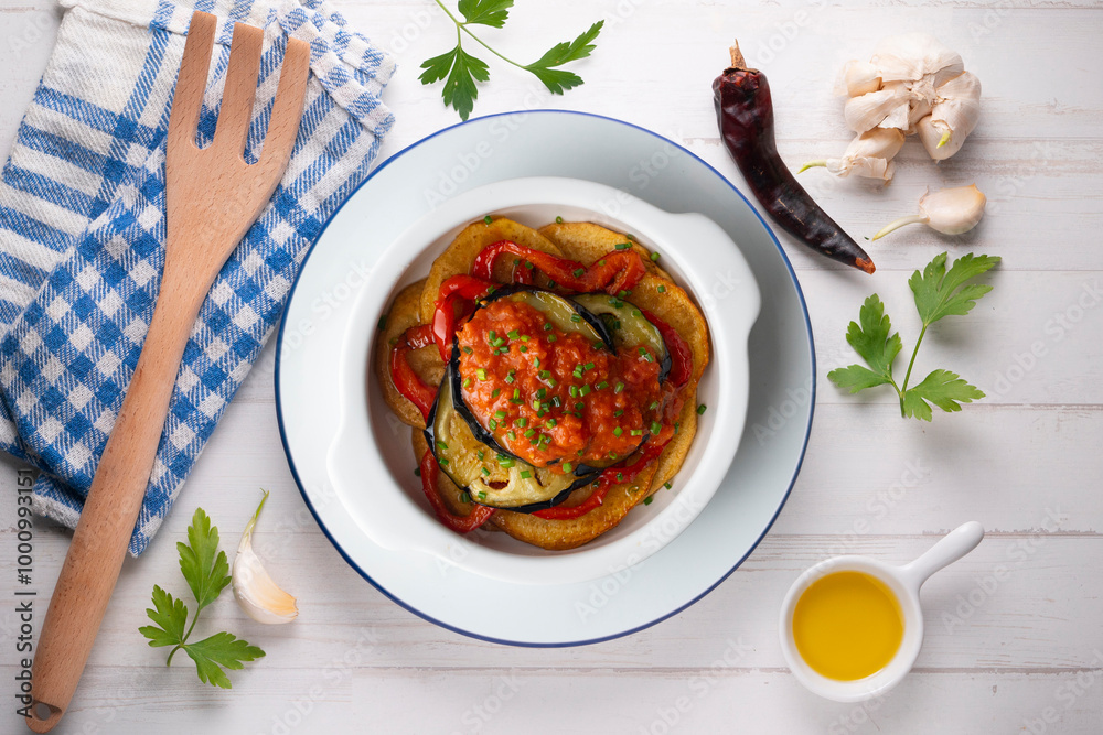Mallorquin Tumbet. Roasted vegetables with tomato sauce. Top view table with decoration. Mallorquin Tumbet. Roasted vegetables with tomato sauce. Top view table with decoration.