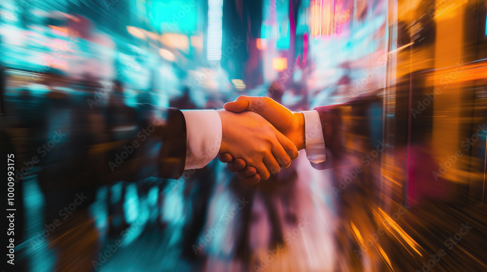 long exposure with motion blur light trail of two professional businessman handshake on urban city street