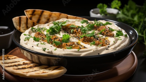 a sumptuous bowl of baba ghanoush, a creamy smoked eggplant dipped sprinkled with herbs and cayenne pepper and garnished with chopped parsley photo