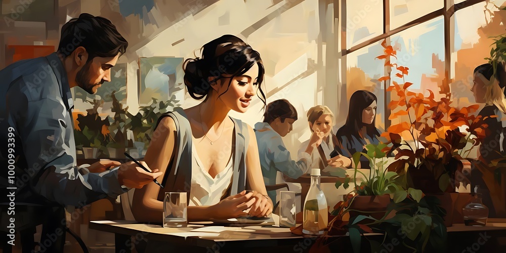 A cozy caf? scene with people engaged in conversation and enjoying their time. A cozy caf? scene with people engaged in conversation and enjoying their time.