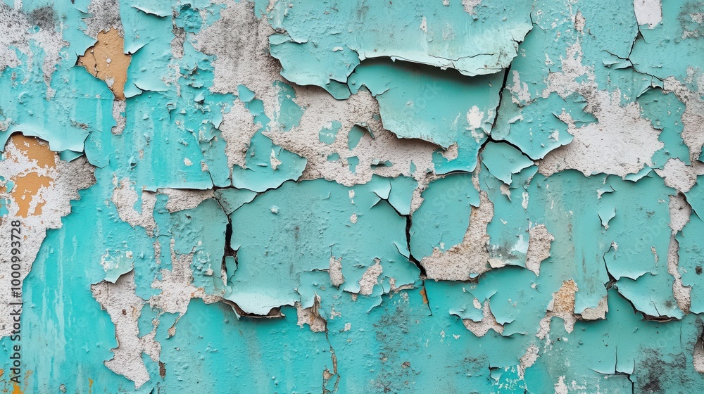 Detailed image showing a turquoise painted concrete wall with extensive peeling paint and visible cracks and textures.