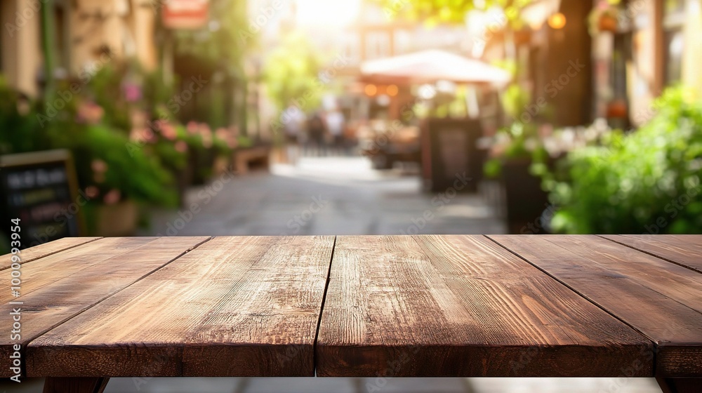 Serene Outdoor Cafe with Wooden Table Perspective