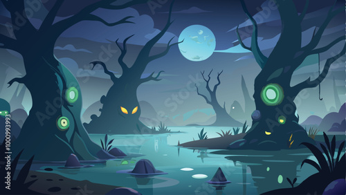Print Glowing Eyeballs in a Creepy Swamp Halloween Background Vector Illustration for Spooky and Eerie Designs