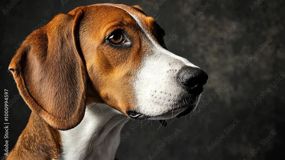 A brown and white dog with floppy ears looks intently off to the side A brown and white dog with floppy ears looks intently off to the side