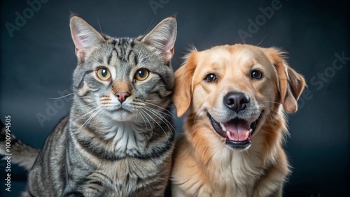 Portrait of Happy dog and cat that looking at the camera together isolated on transparent background, friendship between dog and cat, amazing friendliness of the pets