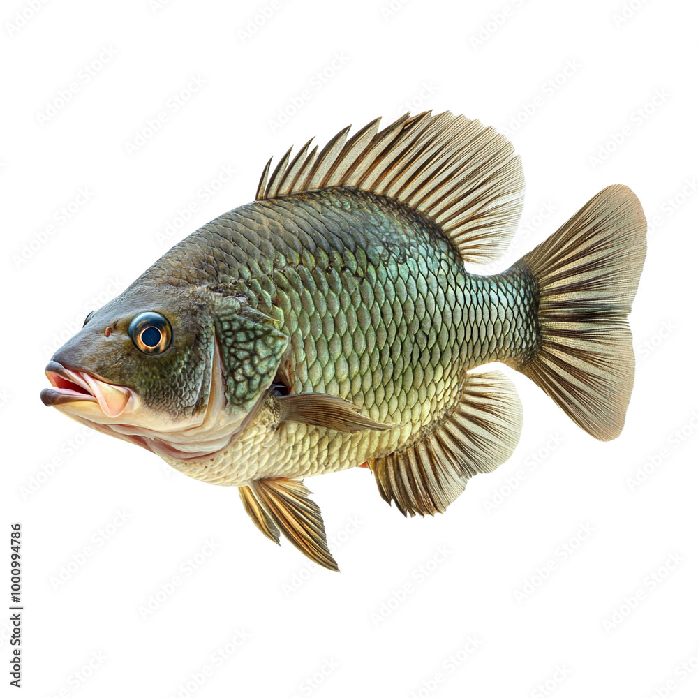 Fototapeta premium Fresh tilapia fish on a white isolated background, showcasing its vibrant colors and detail, perfect for culinary presentations or seafood-related content.