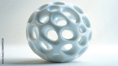 This image shows a white abstract sculpture featuring round holes and a smooth finish, creating a modern and clean aesthetic.