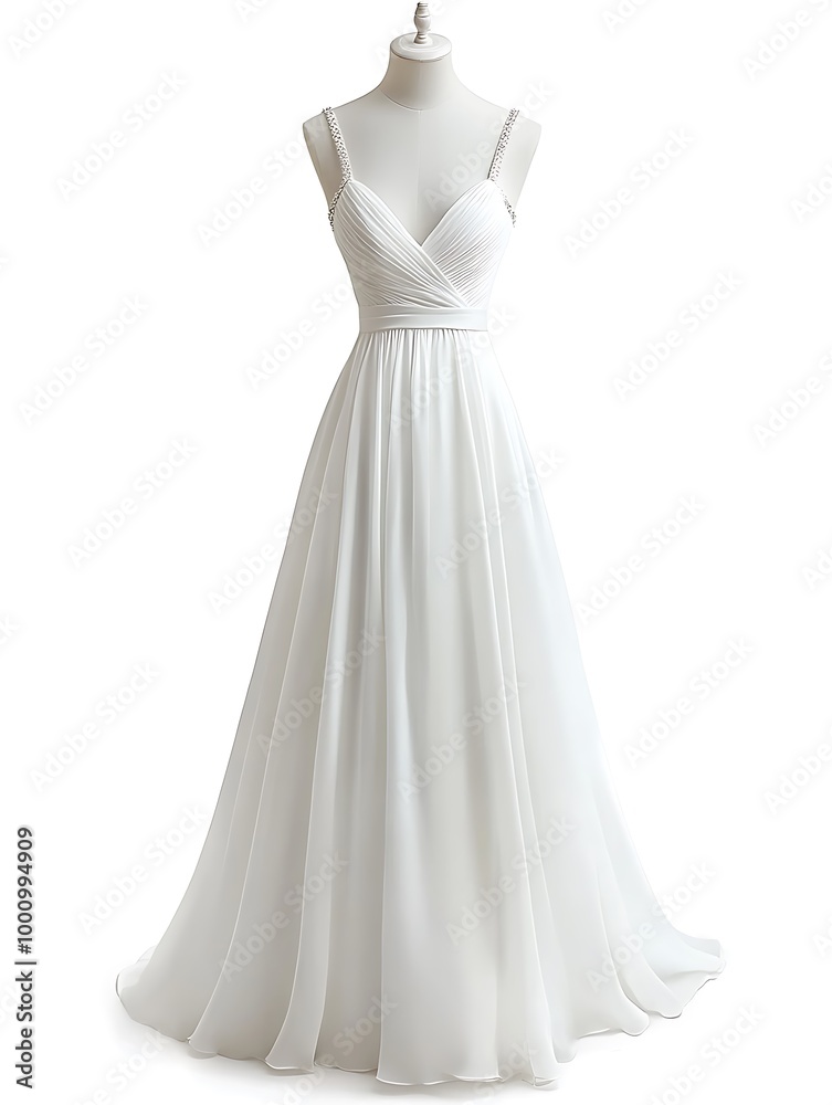 White Wedding Dress with Beaded Straps on a Mannequin. White Wedding Dress with Beaded Straps on a Mannequin.