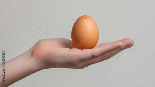 Hand holding an egg in a soft, neutral background