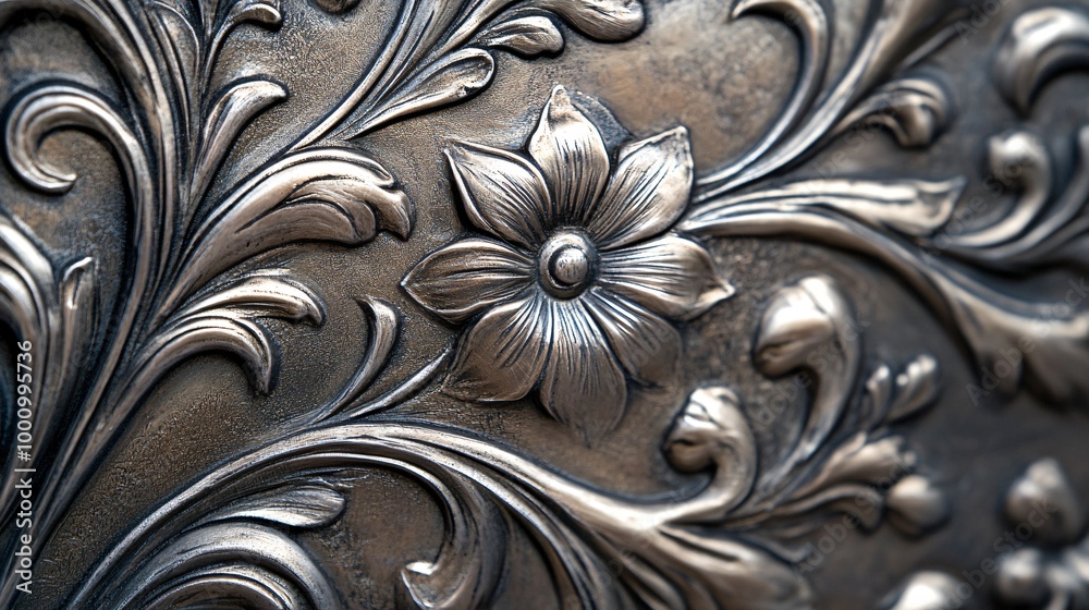 Close-up of a silver embossed floral design. Close-up of a silver embossed floral design.