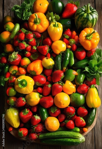 colorful vibrant assortment fresh fruits vegetables displayed beautiful arrangement healthier lifestyle, backyard, basket, colors, culinary, diet, dishes