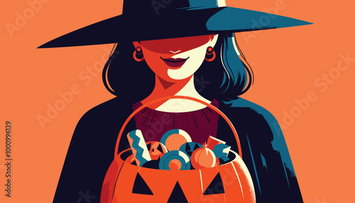 a woman wear witch hat and pumpkin basket candy Happy Halloween poster banner Illustration