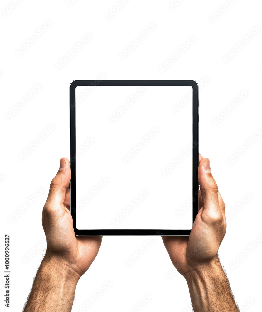 human hand holding black tablet with blank display, isolated on white human hand holding black tablet with blank display, isolated on white