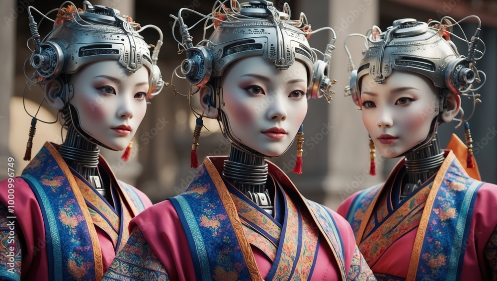 Fototapeta premium Three elegantly designed humanoids, wearing vibrant traditional garments, stand together. Their striking features and intricate headgear embody a fusion of ancient heritage and futuristic technology