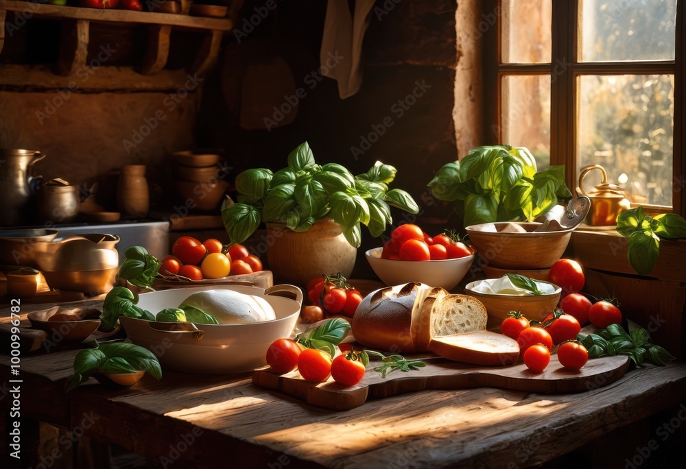 vibrant display fresh italian ingredients artfully arranged rustic wooden table culinary inspiration, tomato, basil, garlic, olive, pepper, zucchini vibrant display fresh italian ingredients artfully arranged rustic wooden table culinary inspiration, tomato, basil, garlic, olive, pepper, zucchini