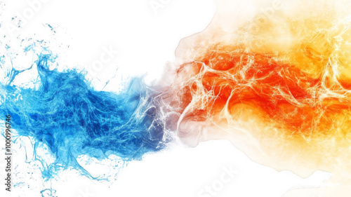 Fluid Art Clash of Energies in Fiery Orange and Aqua Blue Splash On Transparent Background