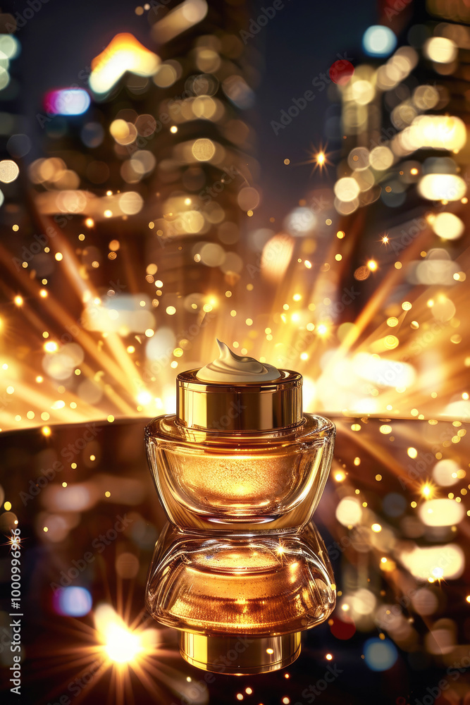 A lavish golden cosmetic jar is displayed in front of a vibrant cityscape illuminated by sparkling fireworks. The luxury, elegance, and celebration, highlighting the premium nature of the product. A lavish golden cosmetic jar is displayed in front of a vibrant cityscape illuminated by sparkling fireworks. The luxury, elegance, and celebration, highlighting the premium nature of the product.