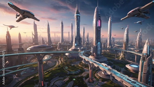 epict a sprawling, technologically advanced metropolis with towering skyscrapers, flying vehicles, and neon lights. The city should be bustling with life, featuring modern architecture, elevated  photo