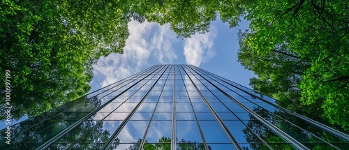 Tall reflective glass building surrounded by lush green trees and blue sky.