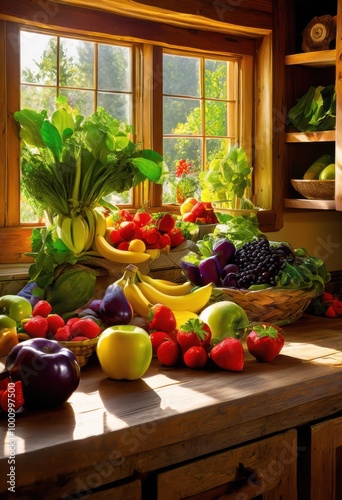 vibrant assortment colorful fruits vegetables displayed inviting kitchen countertop healthy lifestyle, apples, oranges, bananas, grapes, berries, carrots