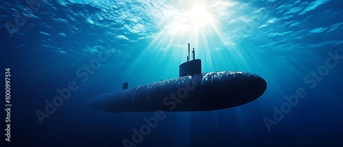 Submarine moving underwater in deep blue ocean illuminated by sunlight.