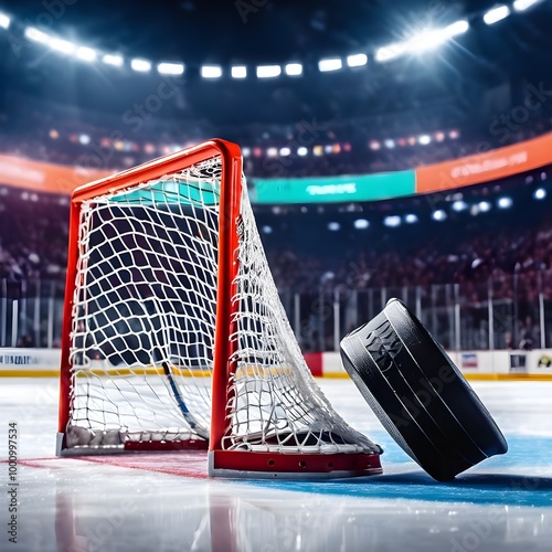 hockey net and puck photo