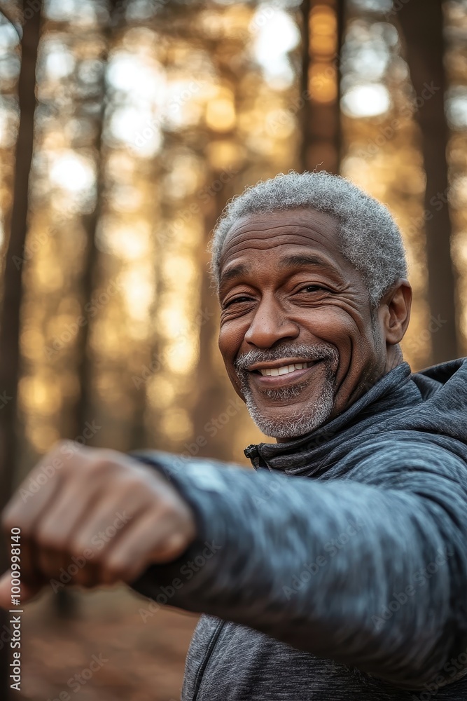 Senior Man Enjoying Outdoor Exercise in Forest During Golden Hour with a Joyful Smile Senior Man Enjoying Outdoor Exercise in Forest During Golden Hour with a Joyful Smile
