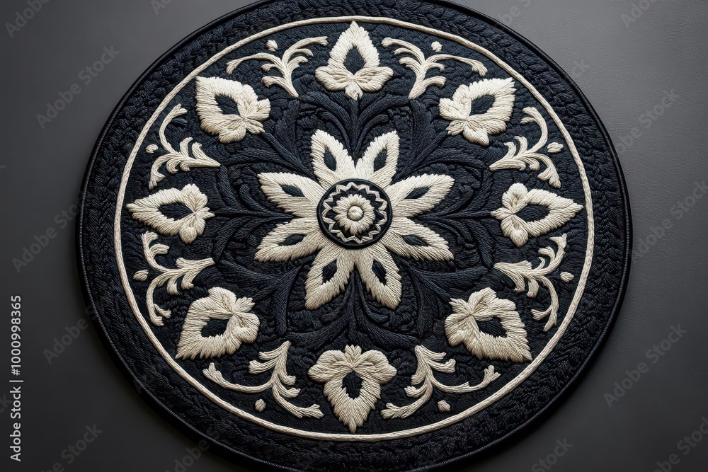 circular black and white embroidered patch mockup showcasing intricate details and textures set against a plain background to emphasize its design and craftsmanship circular black and white embroidered patch mockup showcasing intricate details and textures set against a plain background to emphasize its design and craftsmanship