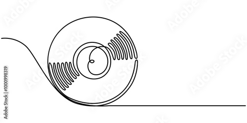Vinyl LP record in one line art drawing style. Vector illustration, One continuous line drawing of Vinyl LP record with notes. Vintage black disk and Retro sound album in simple linear style. Editable
