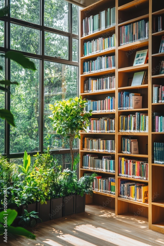 Cozy Home Library with Large Windows and Indoor Plants, Sunlit Reading Space with Wooden Bookshelves