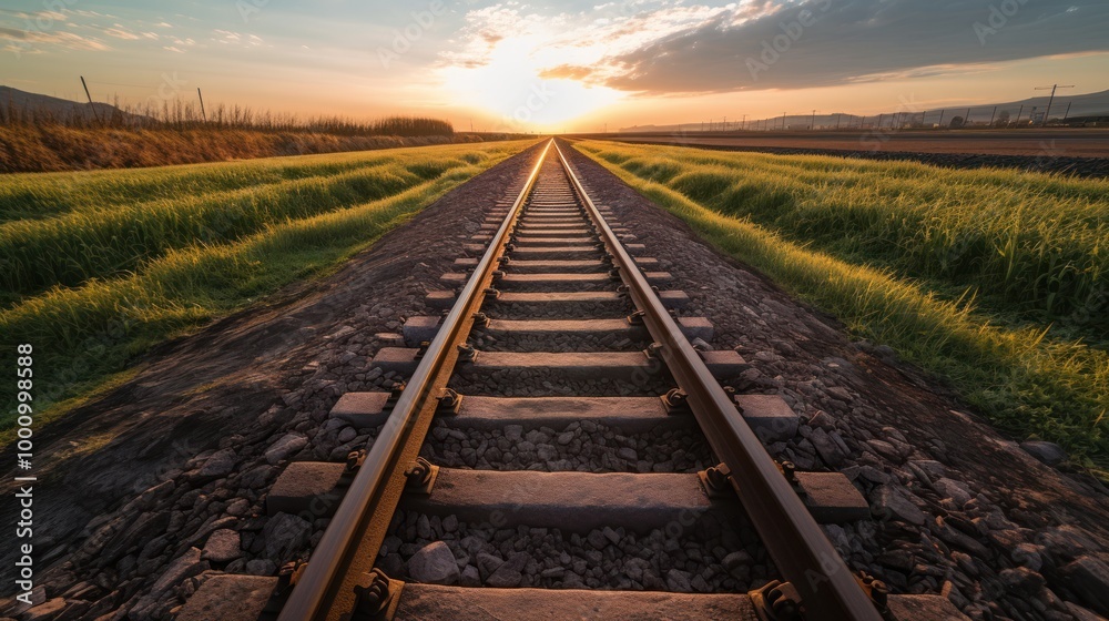 Fototapeta premium Railroad Tracks Leading to Sunset